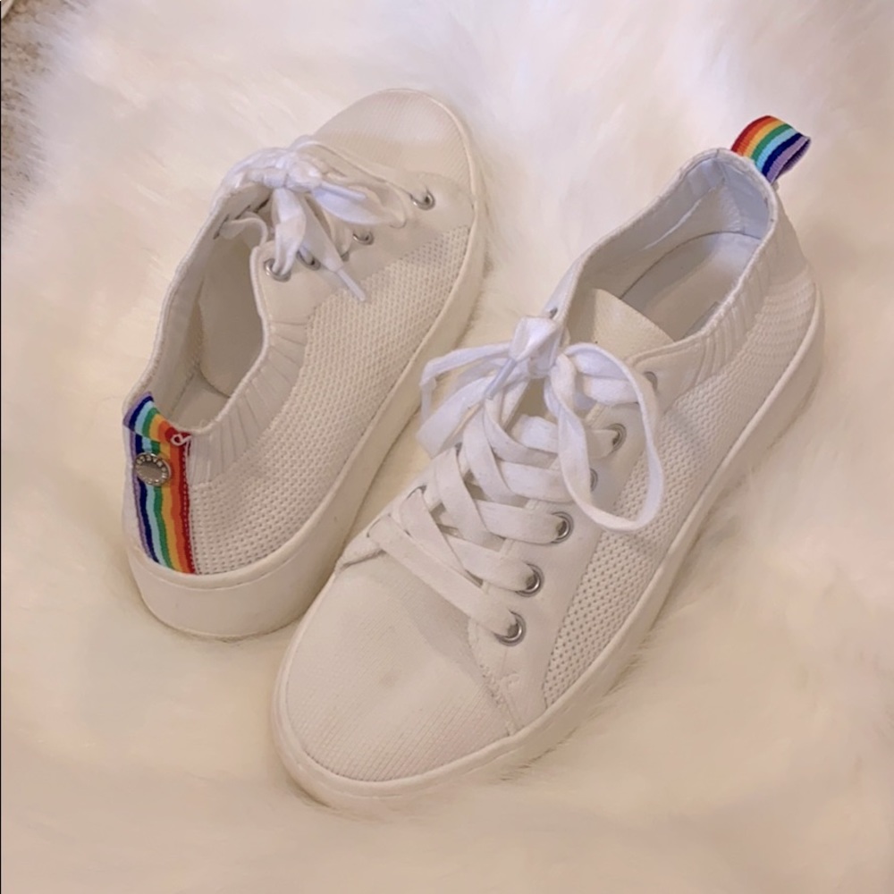 White sneakers with rainbow accent